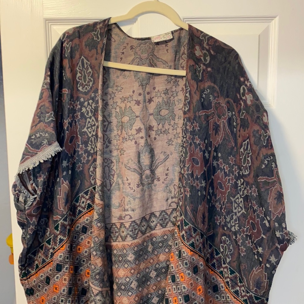 Free People Woven Shawl Open Cardigan w/ Fringe One Size EEUC Boho Layers Trend